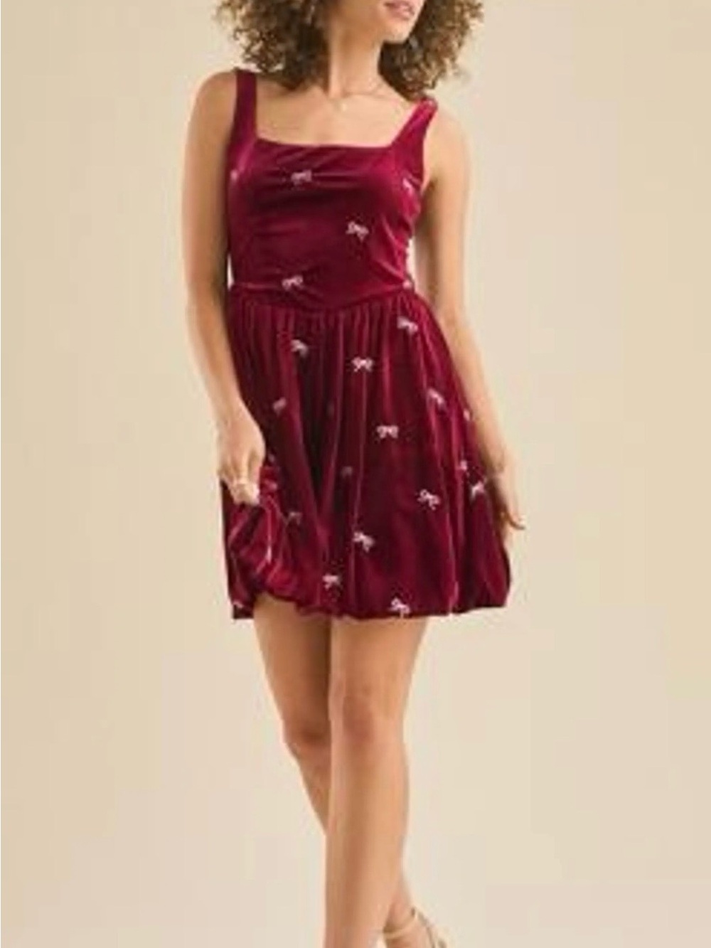Trinity Velvet Embroidered Bubble Dress in Deep Wine